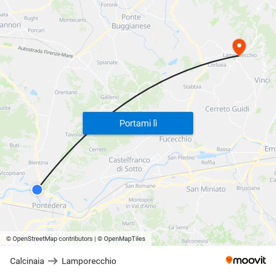 Calcinaia to Lamporecchio map