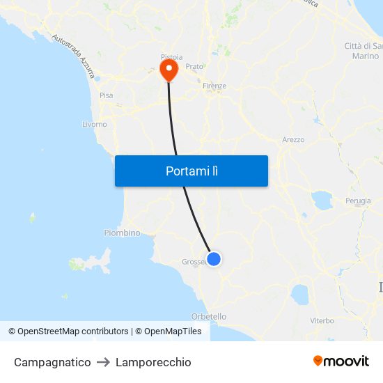 Campagnatico to Lamporecchio map