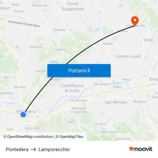 Pontedera to Lamporecchio map