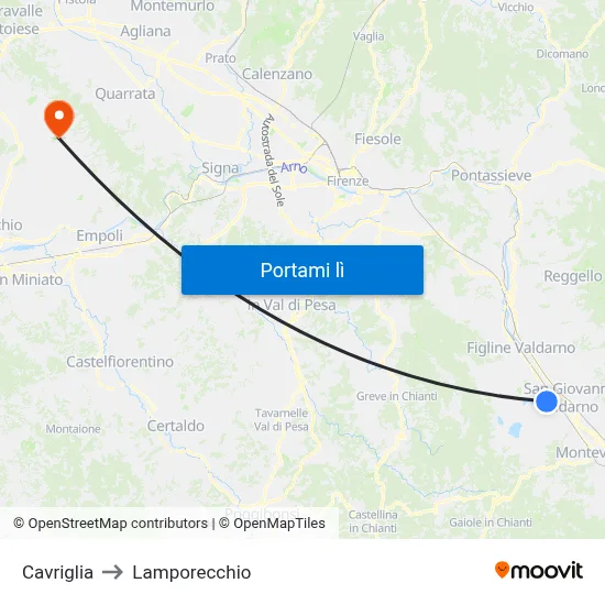 Cavriglia to Lamporecchio map