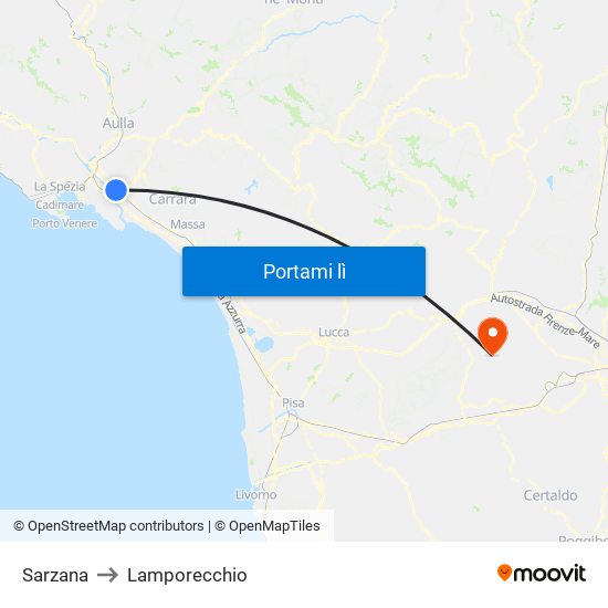 Sarzana to Lamporecchio map