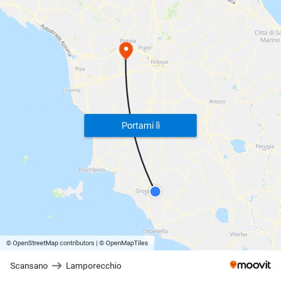 Scansano to Lamporecchio map