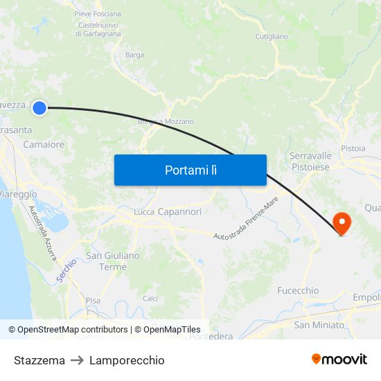 Stazzema to Lamporecchio map