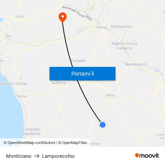 Monticiano to Lamporecchio map