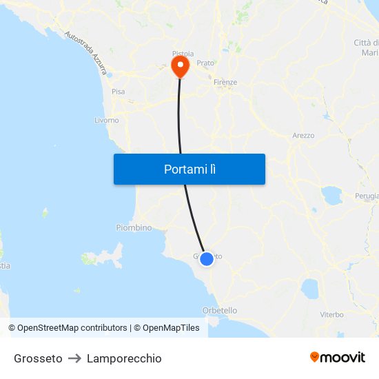 Grosseto to Lamporecchio map