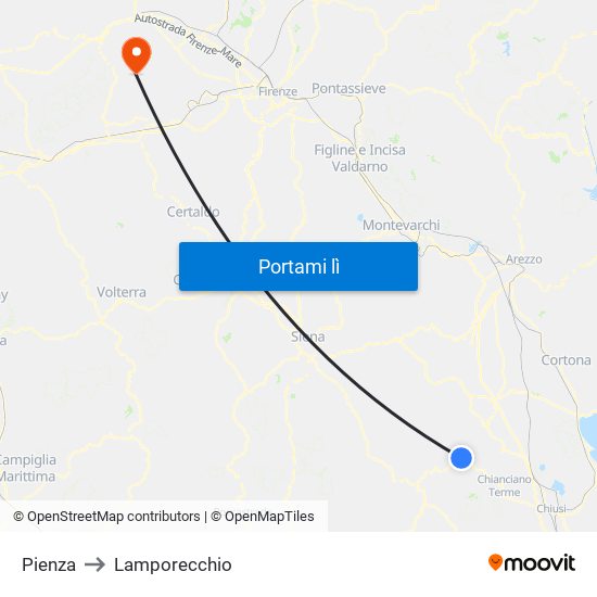 Pienza to Lamporecchio map