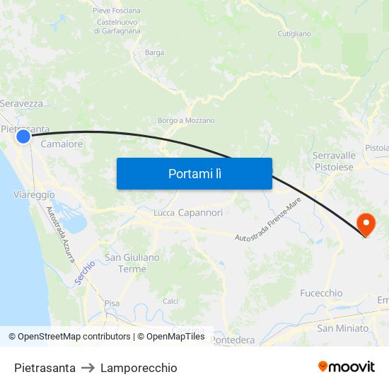 Pietrasanta to Lamporecchio map