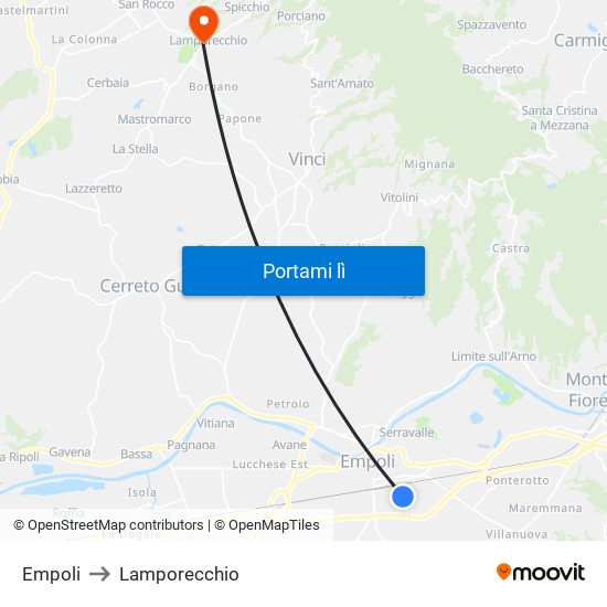 Empoli to Lamporecchio map