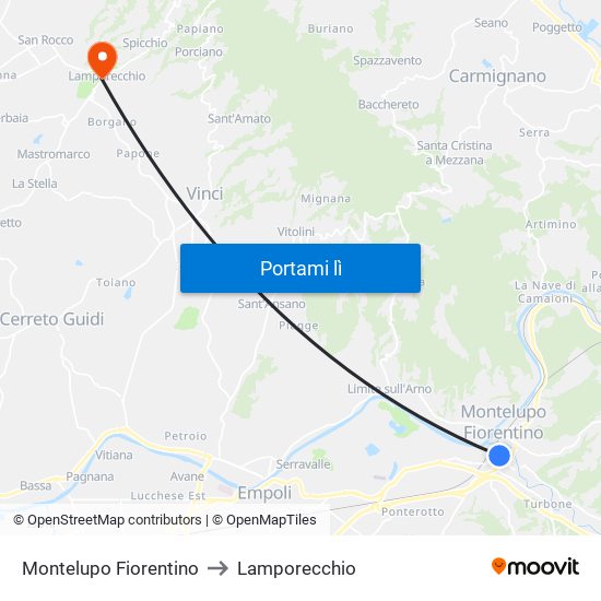 Montelupo Fiorentino to Lamporecchio map