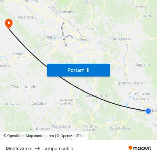 Montevarchi to Lamporecchio map