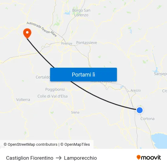 Castiglion Fiorentino to Lamporecchio map