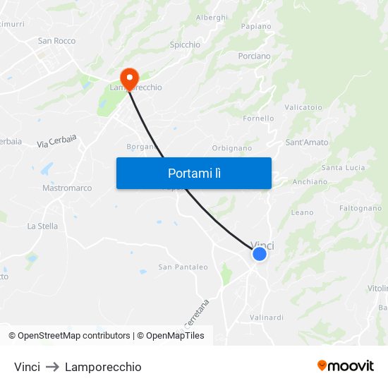 Vinci to Lamporecchio map