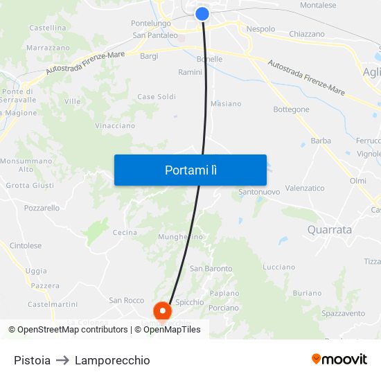 Pistoia to Lamporecchio map