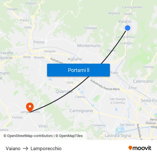 Vaiano to Lamporecchio map