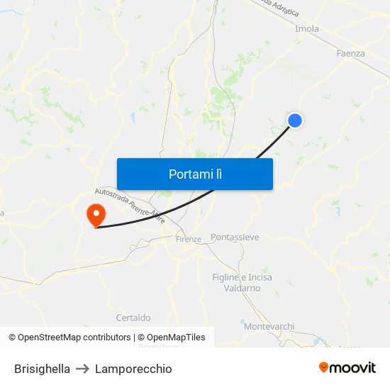 Brisighella to Lamporecchio map