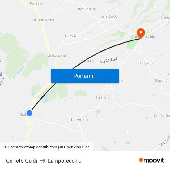 Cerreto Guidi to Lamporecchio map