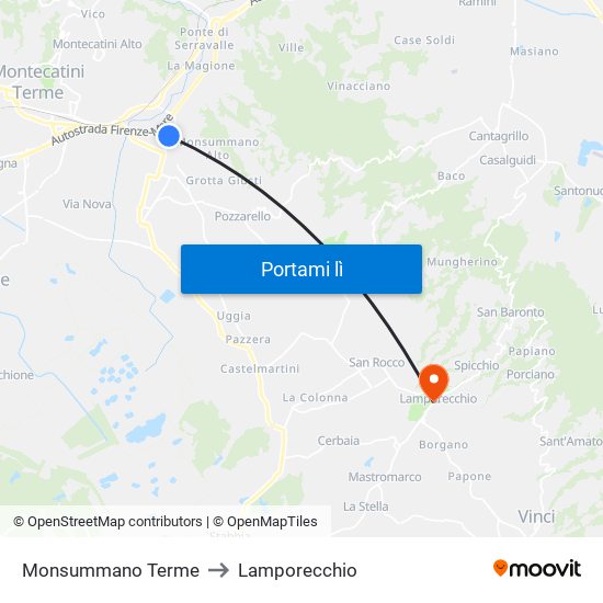 Monsummano Terme to Lamporecchio map