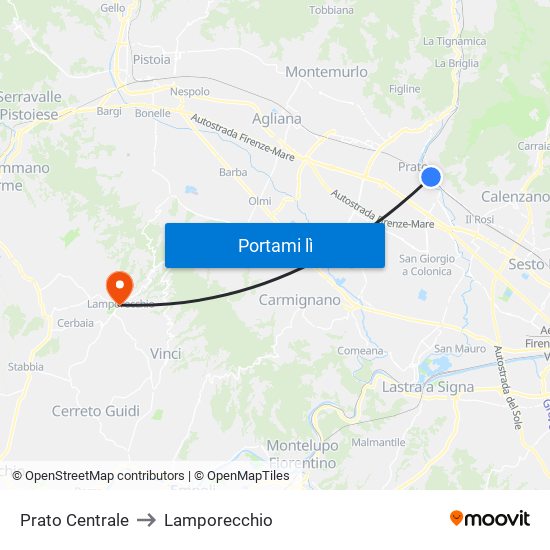 Prato Centrale to Lamporecchio map