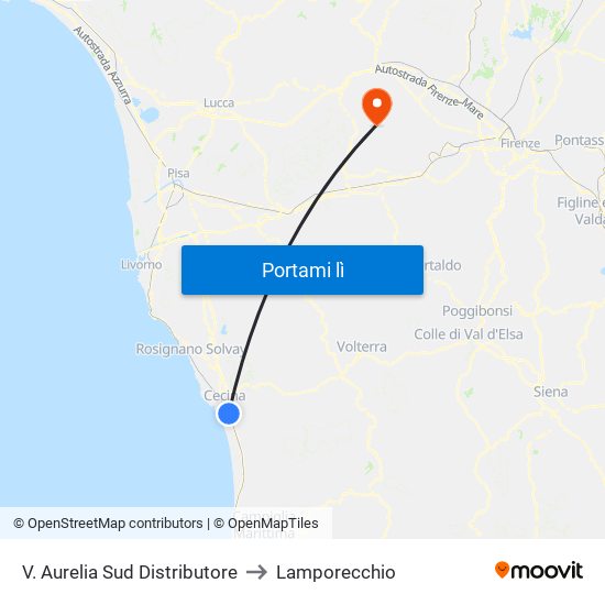 V. Aurelia Sud Distributore to Lamporecchio map