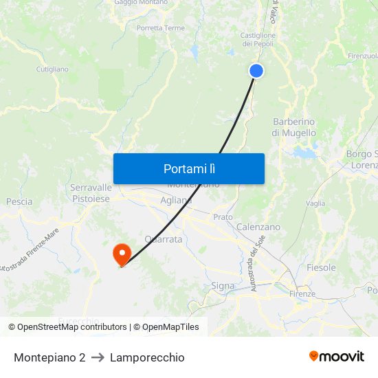 Montepiano 2 to Lamporecchio map