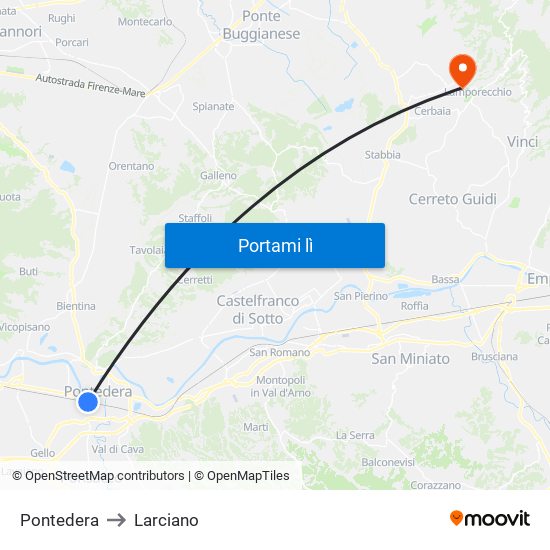 Pontedera to Larciano map