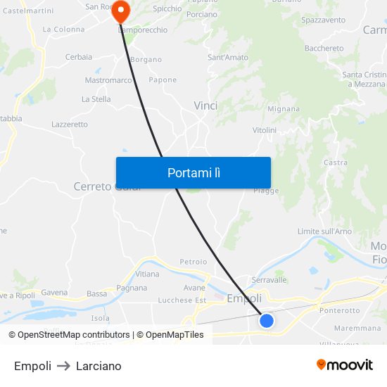 Empoli to Larciano map