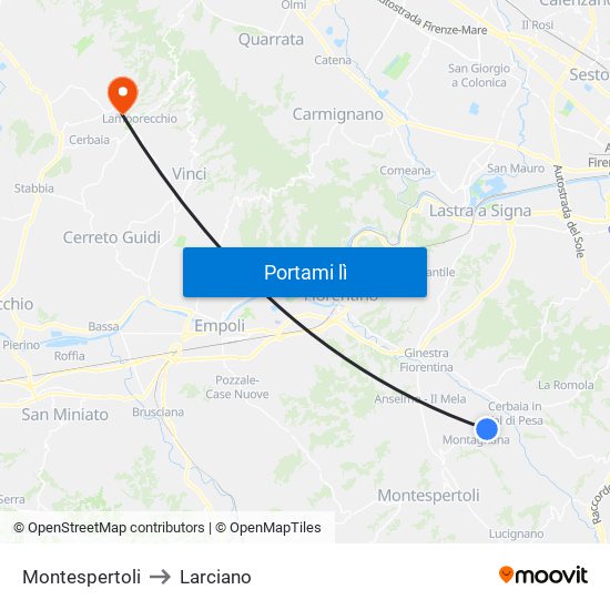 Montespertoli to Larciano map