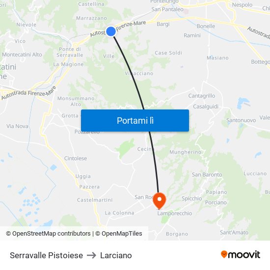 Serravalle Pistoiese to Larciano map