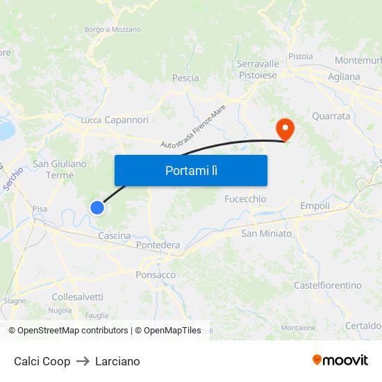 Calci Coop to Larciano map
