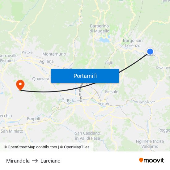 Mirandola to Larciano map