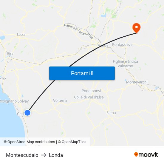 Montescudaio to Londa map