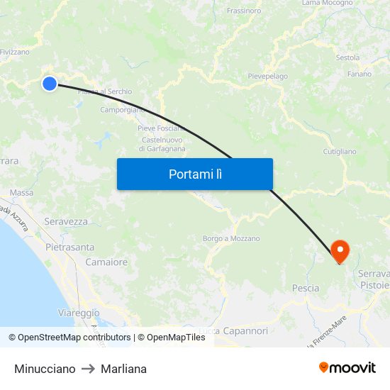 Minucciano to Marliana map