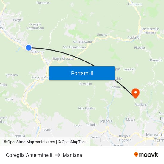 Coreglia Antelminelli to Marliana map
