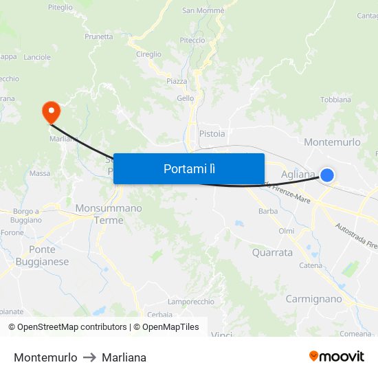 Montemurlo to Marliana map