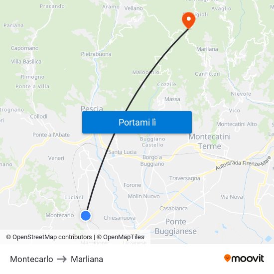 Montecarlo to Marliana map