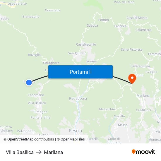 Villa Basilica to Marliana map