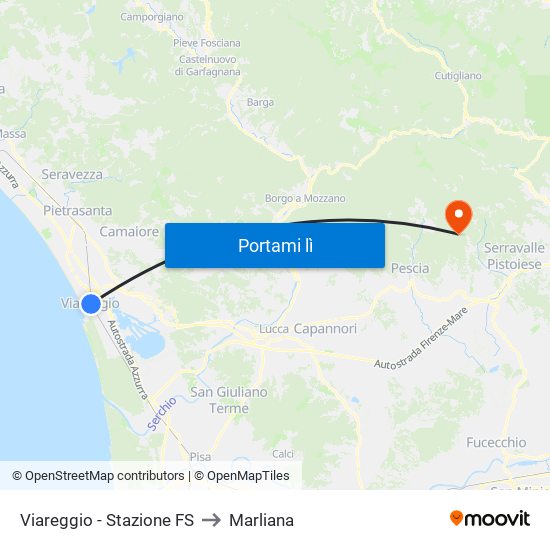 Viareggio Stazione FS to Marliana map