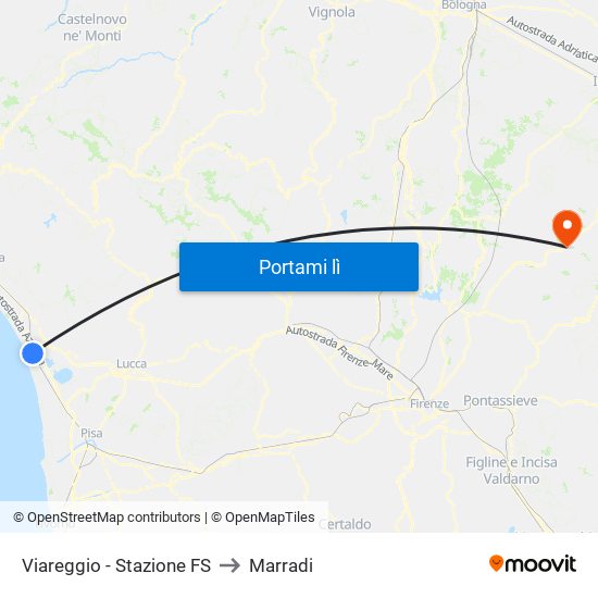 Viareggio Stazione FS to Marradi map