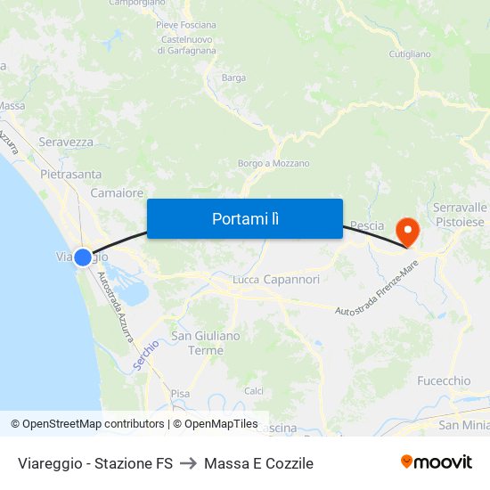 Viareggio Stazione FS to Massa E Cozzile map