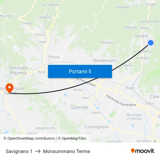 Savignano 1 to Monsummano Terme map