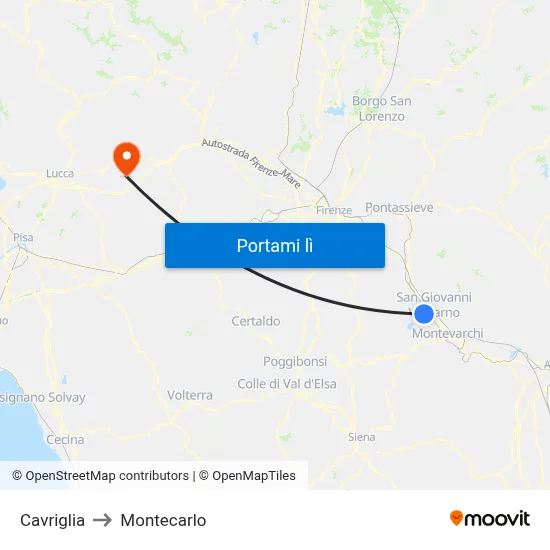 Cavriglia to Montecarlo map