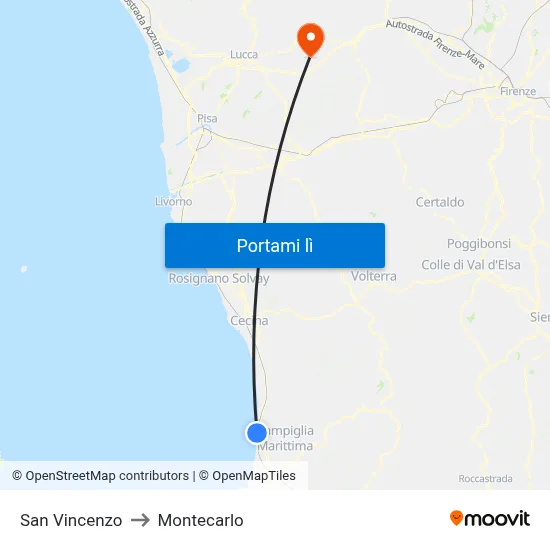 San Vincenzo to Montecarlo map