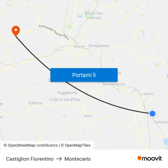 Castiglion Fiorentino to Montecarlo map