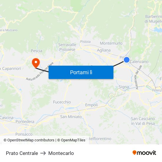 Prato Centrale to Montecarlo map