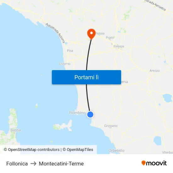 Follonica to Montecatini-Terme map