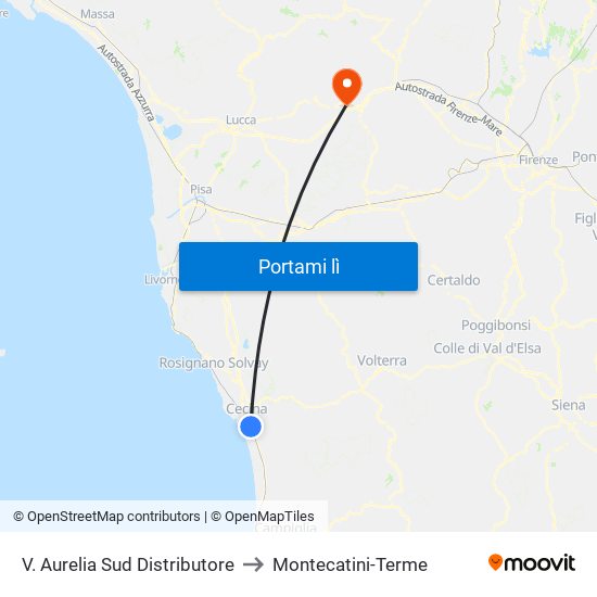 V. Aurelia Sud Distributore to Montecatini-Terme map