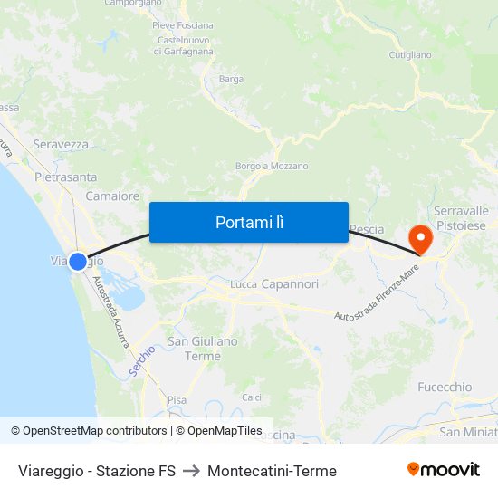 Viareggio Stazione FS to Montecatini-Terme map