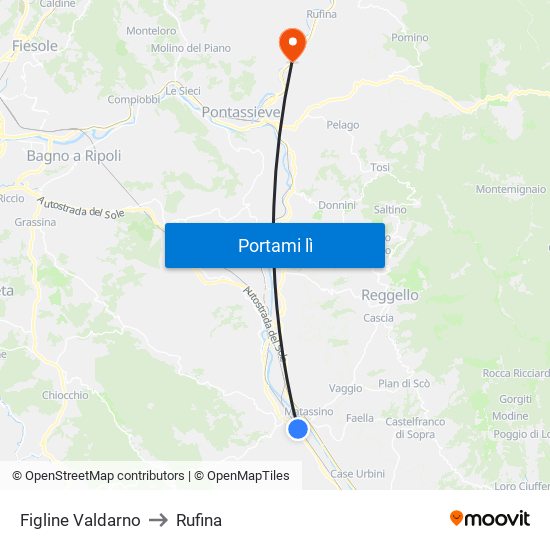 Figline Valdarno to Rufina map