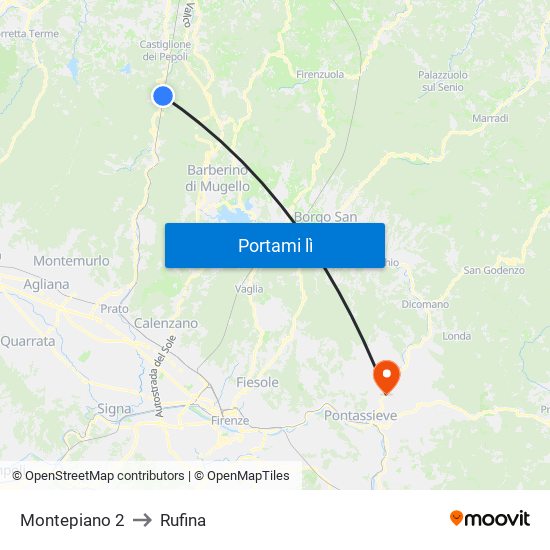 Montepiano 2 to Rufina map