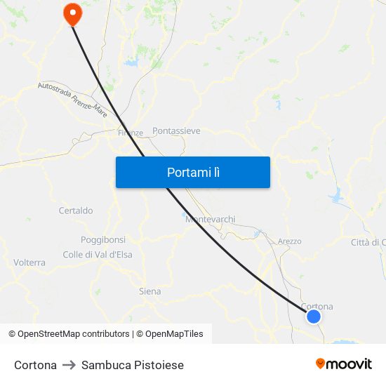 Cortona to Sambuca Pistoiese map